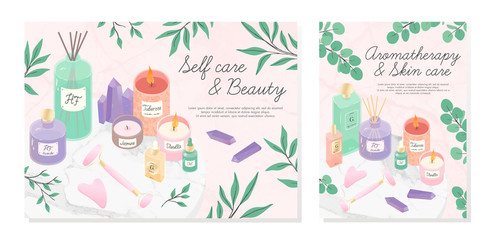 Vector bundle of skincare cosmetic products,face massage tools,oil,amethyst crystals,candles,diffuser,aloe on a decorative marble tray.Aromatherapy,spa,wellness and selfcare concept.Beauty routine.