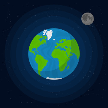 Cartoon Planet Earth and Moon in Space Card Poster Background. Vector