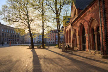 Cathedral Square (Doma Laukums) in Riga, Latvia, empty on a sunny morning.
