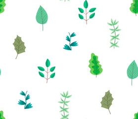 Cute botanical seamless pattern with cartoon bright green leaves and branches on white background. Lovely floral texture with herbs for textile, wrapping paper, surface, wallpaper