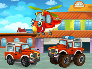 cartoon scene with car vehicle on the road near the garage or repair station with helicopter - illustration for children