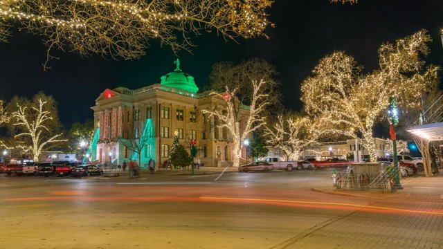 View of the Downtown Square and Court House in Georgetown Texas With Christmas Decorations All Around the Square