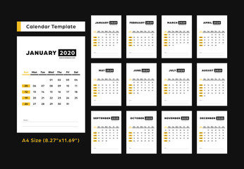 calendar 2020 simple design template set monthly black orange color A4 paper size