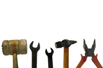 A set of tools for repair. Isolated objects on a white background: hammers, pliers, wrenches.