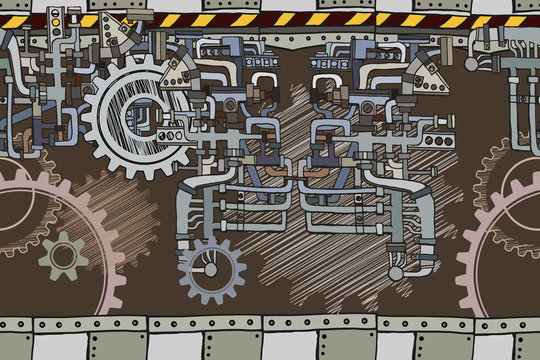 Abstract colorful illustration with fictional gearwheels and details of machines featuring modern or retro technology, or steampunk concept. Hand drawn.