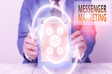 Writing note showing Messenger Marketing. Business concept for act of marketing to your customers using a messaging app