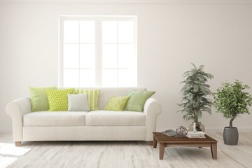 Stylish room in white color with sofa. Scandinavian interior design. 3D illustration
