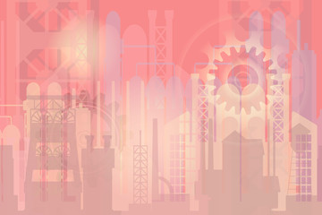 Colorful illustration with abstract factory silhouette and  fictional gear wheels. Heavy industry, metallurgy, mines, or industrial revolution concept.