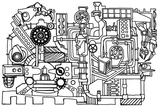 Vector pattern with abstract industry or steampunk background. Fantasy technology or factory illustration with decorative machine sketch elements and robotic arms. Hand drawn.