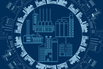 Fantasy technology or factory illustration with decorative sketch elements of machines and industrial buildings. 