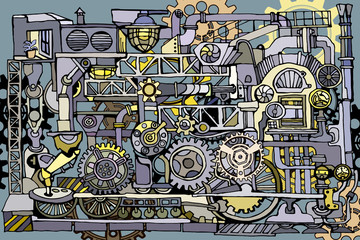 Abstract factory or steampunk decorative illustration with hand-drawn sketch elements featuring fantasy industrial pipes, gearwheels and machines. 