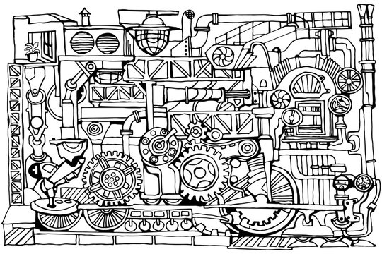 Abstract industry or steampunk  black and white background. Technology or factory illustration with decorative industrial sketch elements.  Vintage linear style concept. Hand drawn.