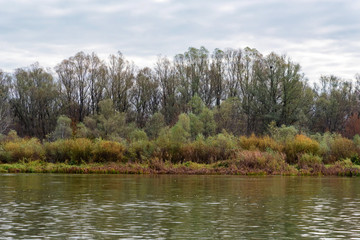 Fototapeta na wymiar Landscape view of bank of calm river Don in Russia in autumn