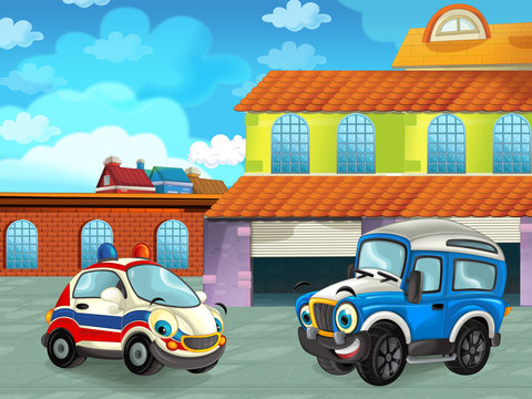 cartoon scene with car vehicle on the road near the garage or repair station - illustration for children © honeyflavour