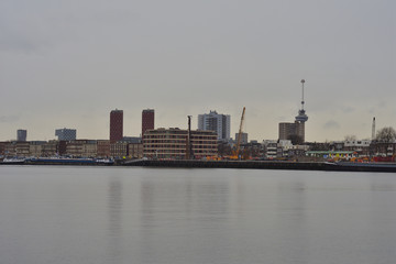Panorama miasta z wieżowcami nad wodą w pochmurny dzień.