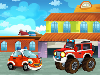 Fototapeta premium cartoon scene with car vehicle on the road near the garage or repair station - illustration for children