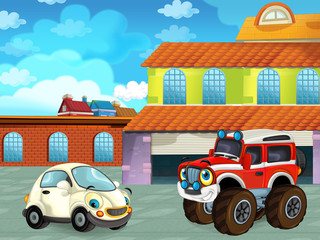 Fototapeta premium cartoon scene with car vehicle on the road near the garage or repair station - illustration for children