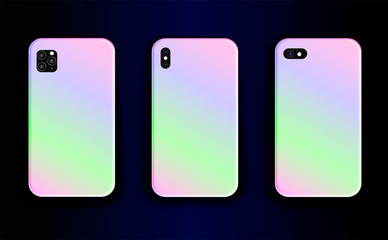 Collection of vector mock up smartphones. Stylish design of smartphone cases  stylish trend  gradient print. Smartphone case vector template - a beautiful accessory for a gadget.