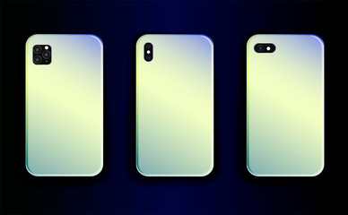 Collection of vector mock up smartphones. Stylish design of smartphone cases  stylish trend   yellow blue gradient print. Smartphone case vector template - a beautiful accessory for a gadget.