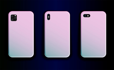 Collection of vector mock up smartphones. Stylish design of smartphone cases  stylish trend   blue pink gradient print. Smartphone case vector template - a beautiful accessory for a gadget.