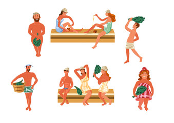Obraz na płótnie Canvas Set of people bathing in sauna with birch twigs. Vector illustration in flat cartoon style.