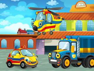 Naklejka premium cartoon scene with car vehicle on the road near the garage or repair station with helicopter - illustration for children