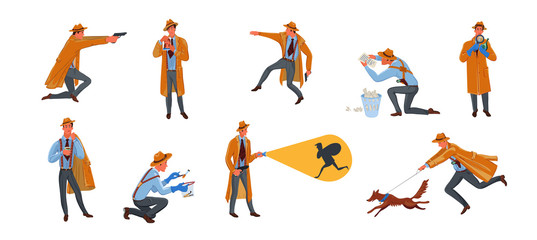 Set of private detective man character in hat search for criminal in different situations. Vector illustration in flat cartoon style.