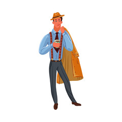 Classic detective in brown hat standing with a cup of coffee. Vector colorful illustration in cartoon style.
