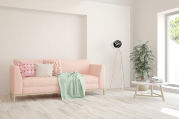 Stylish room in white color with sofa. Scandinavian interior design. 3D illustration