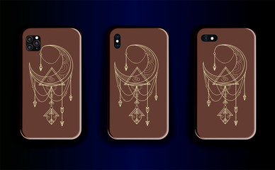 Vector set of mock up cases for smartphone. Stylish trending cover design stylish print sketch buddhism moon and om sign with ornament