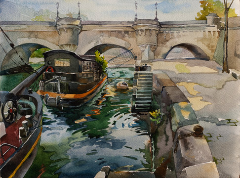 Pont Neuf in Paris with embankment and ships on the Sena river, original watercolor illustration France landscape
