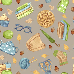 Hygge pattern. Watercolor cozy seamless pattern. Hand drawn nordic winter elements. Scandinavian background