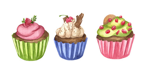 Watercolor cupcakes set isolated on white background. Sweet food hand drawn illustration. Design food elements. 