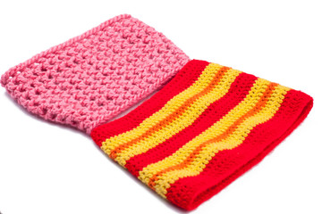 Woolen scarves isolated on white background.Copy space