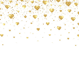 Gold glitter heart confetti on white background. Bright glitter particles for luxury greeting card. Sparkling texture. Valentines day design. Star dust. Vector illustration