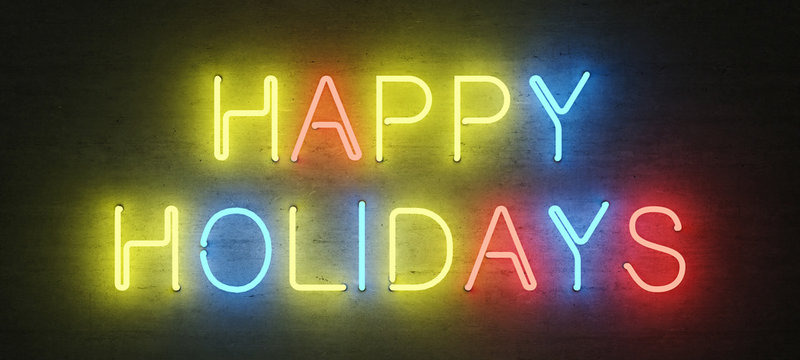 Colored neon sign, happy holidays, mock-up with centered text, 3d render, 3d illustration
