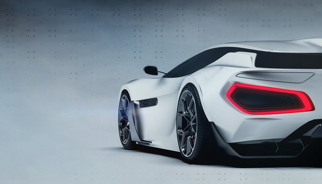 White futuristic sports car rear view (3D illustration) 
