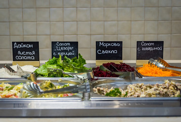 Helthy open buffet (product labels in Russian)