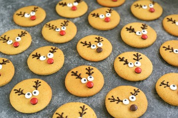 Cute New Year and Christmas gingerbreads Santa Deer. Homemade Christmas baking.