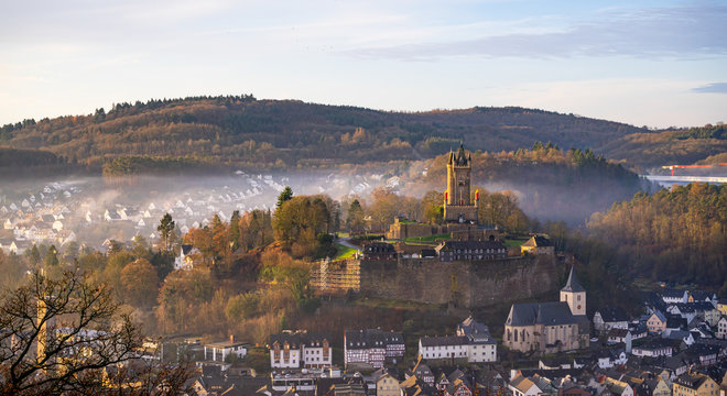 Landscape view of the old town district with the Wilhelmsturm on top of the mounatain