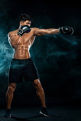 Fototapeta na wymiar Fitness and boxing concept. Boxer, man fighting or posing in gloves on black background. Individual sports recreation.