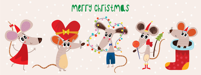 Fototapeta premium Christmas cartoon mouses collection. Winter hand drawn set of cute symbol of 2020 year. New Year mice and decorations.