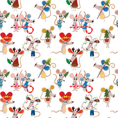 Seamless pattern New year and Christmas in vector. Cute cartoon mouse gives gifts, dancing, decorating the Christmas tree. Christmas seamless pattern for cards with symbol of 2020 year.