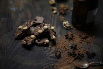 Chocolate on wooden desk spice