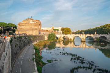 Beautiful view on Saint Angel Castle and bridge over the Tiber river in Rome.