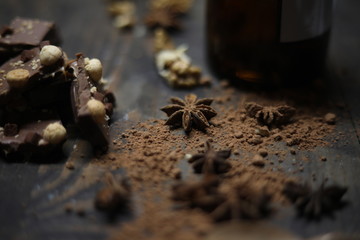 Chocolate on wooden desk spice