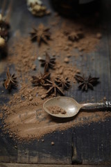 Chocolate on wooden desk spice
