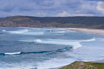  Rostro beach in Finisterre. Coast of Death Galicia. Spain. One of the best places to surf in this part of the Galician coast.