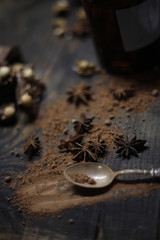 Chocolate on wooden desk spice