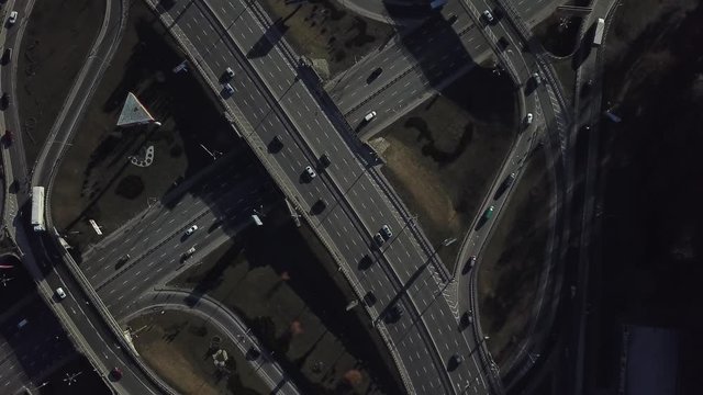 Road junction with heavy traffic in Kyiv, Ukraine. View from above. Aerial view